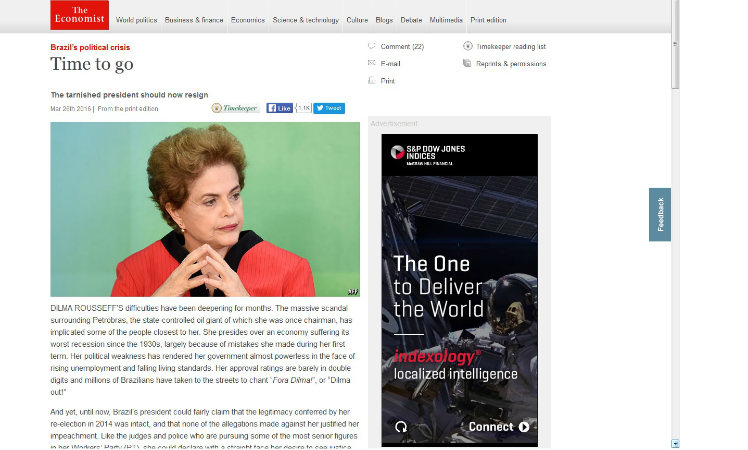 Em editorial, Economist prega a saída de Dilma: "Hora de ir". Imagem: reprodução