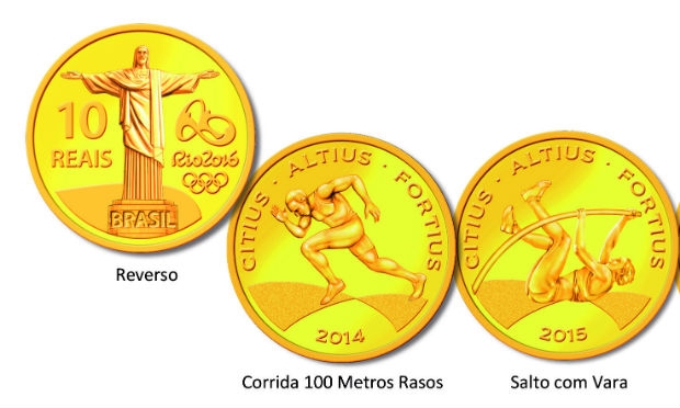 A moeda de ouro homenageia o Cristo Redentor e corrida de 100 metros rasos, um dos esportes que representa o lema Olímpico "Citius, Altius, Fortius" (mais rápido, mais alto, mais forte) / Foto: Banco Central do Brasil