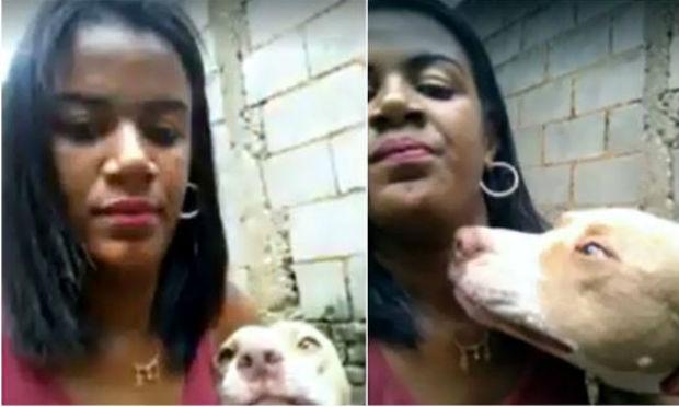Janaina da Silva disse que brincou com o cão e depois fez a selfie ao lado dele, mas assim que virou de costas o pit bull mordeu seu braço e a jogou ao chão.  / Foto: Reprodução