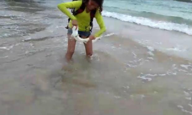 Turista foi mordida após pegar tubarão na Praia do Sueste / Foto: reprodução